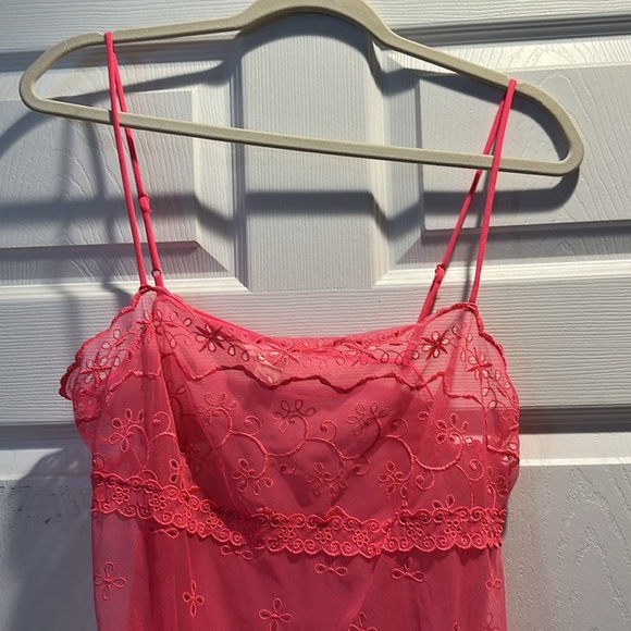 Victoria’s Secret Bright Pink Sheer Stretch Mesh Eyelet Lace Slip Dress L - Picture 3 of 7